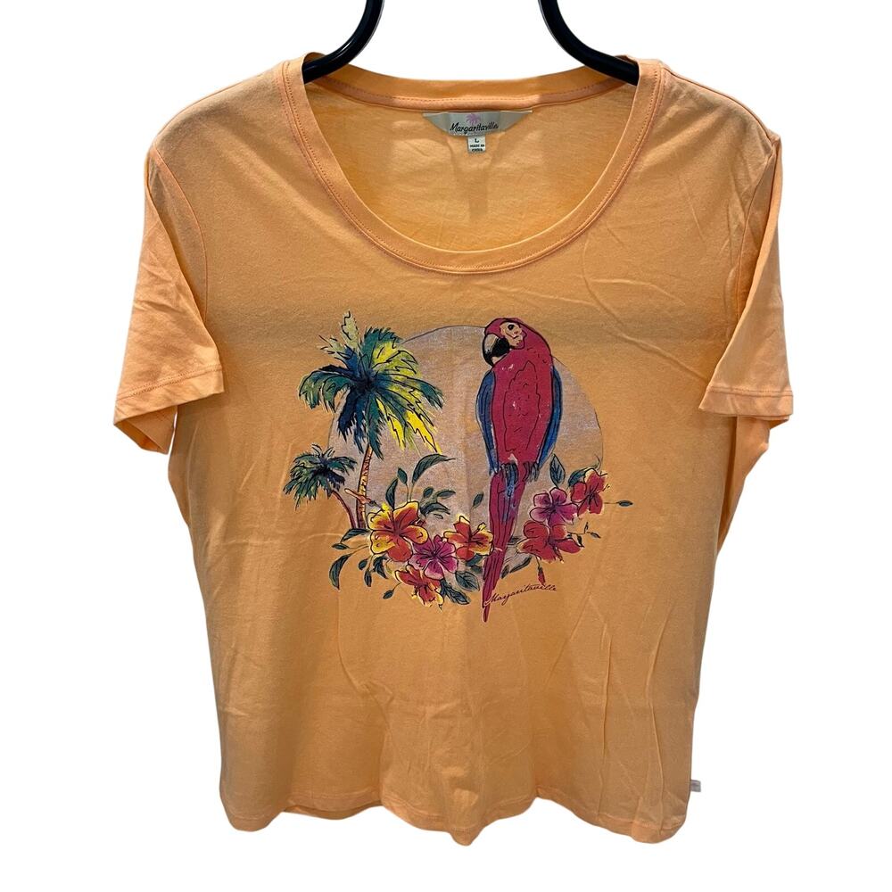 Margaritaville Womens Large Tee Shirt Orange Peach Tropical Parrot Floral Flower
